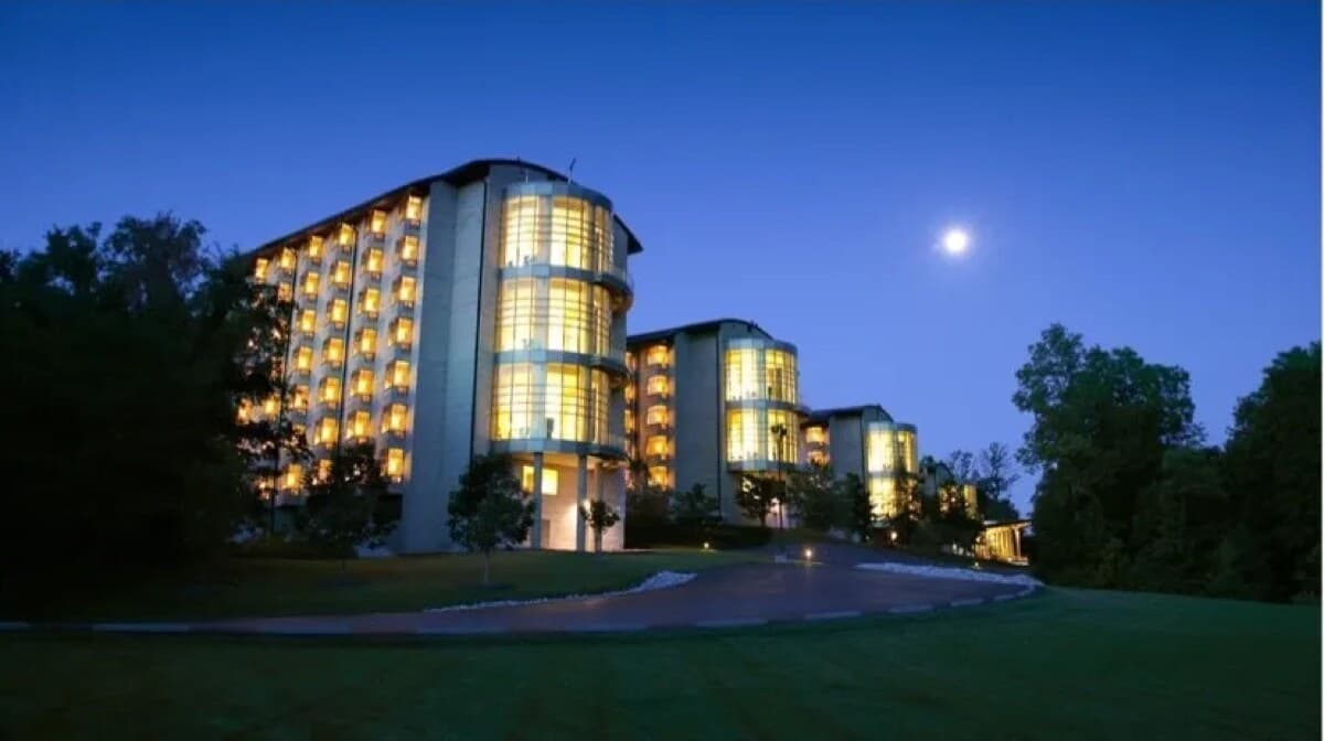 The residence halls at dusk